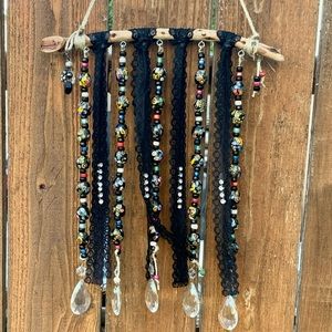 Driftwood Wind Chime Lace, Black Porcelain & Vintage Italian Chandelier Crystals